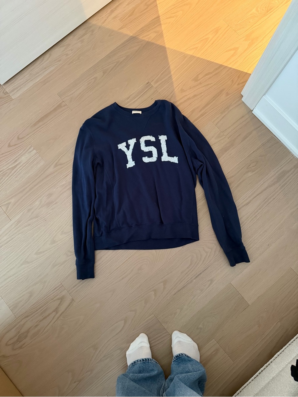 Yves Saint Laurent Navy Crew Sweatshirt with White YSL Applique